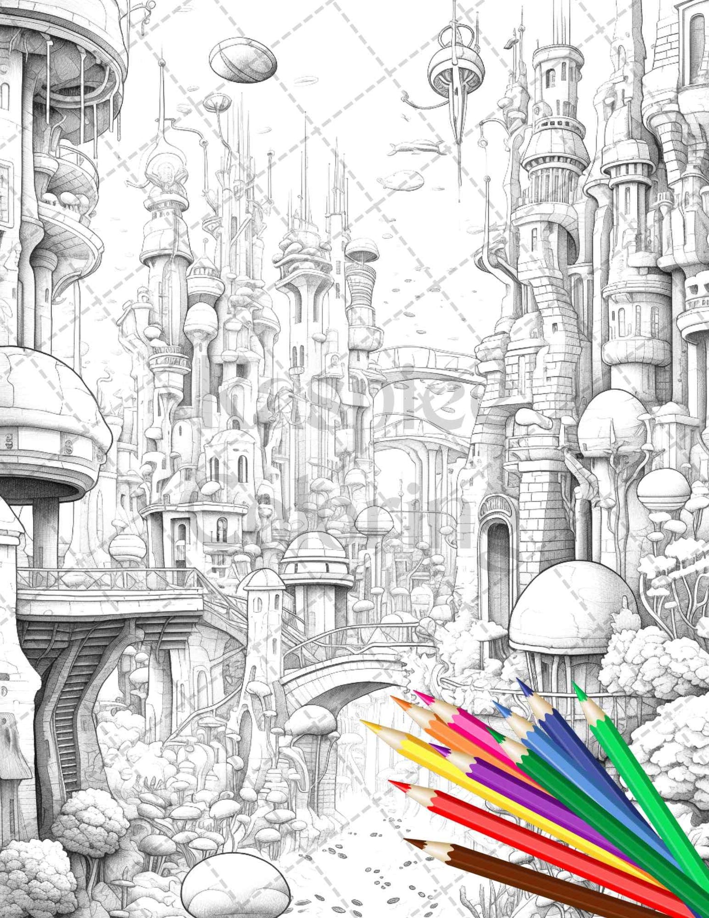 Enchanted Underwater City Grayscale Coloring Pages Printable for Adults, PDF File Instant Download