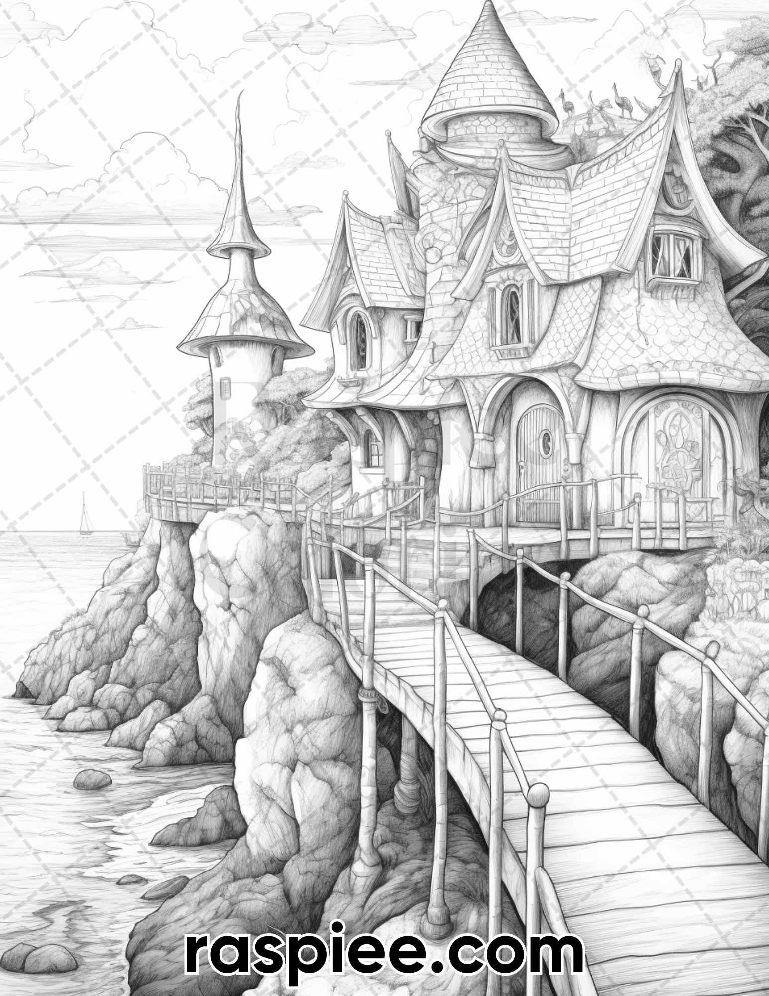 50 Fairy Beach Houses Grayscale Coloring Pages for Adults, Printable PDF Instant Download