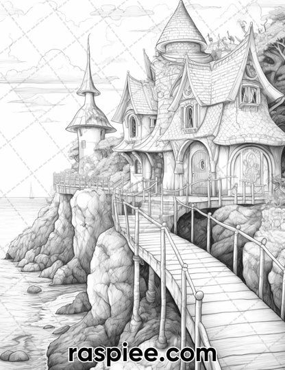 50 Fairy Beach Houses Grayscale Coloring Pages for Adults, Printable PDF Instant Download