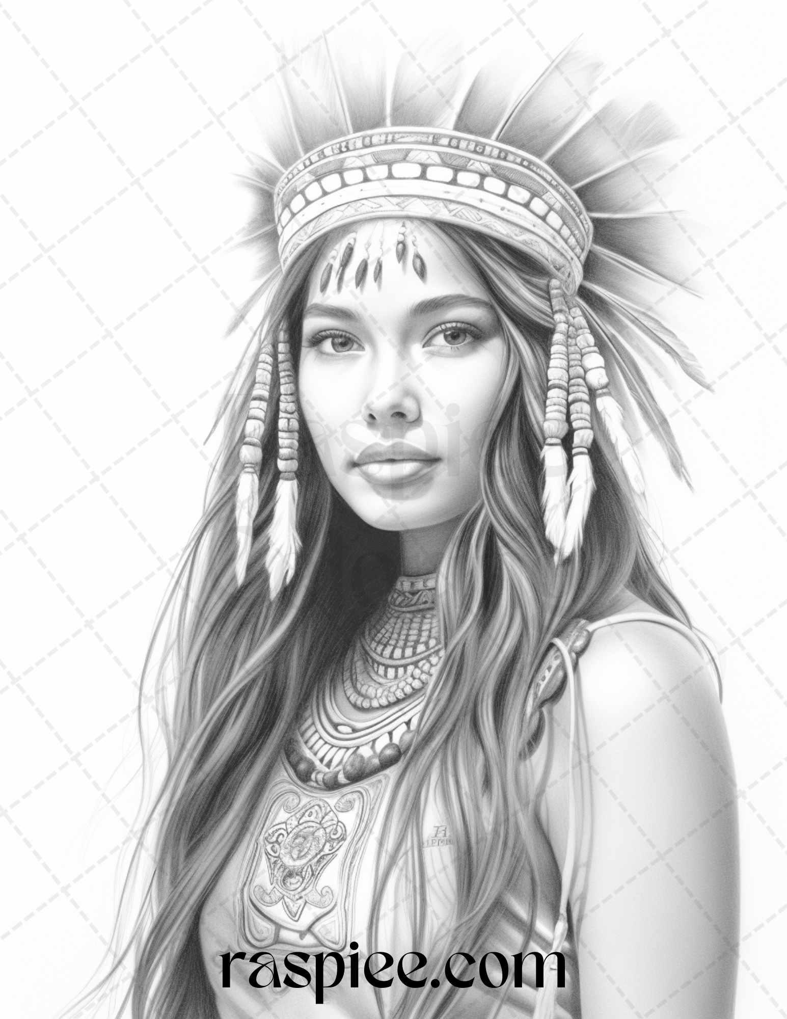 Native American Portrait Grayscale Coloring Pages Printable for Adults, PDF File Instant Download