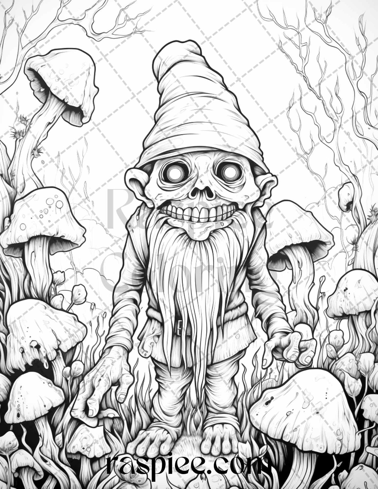 50 Horror Zombie Gnomes Grayscale Coloring Pages Printable for Adults, PDF File Instant Download