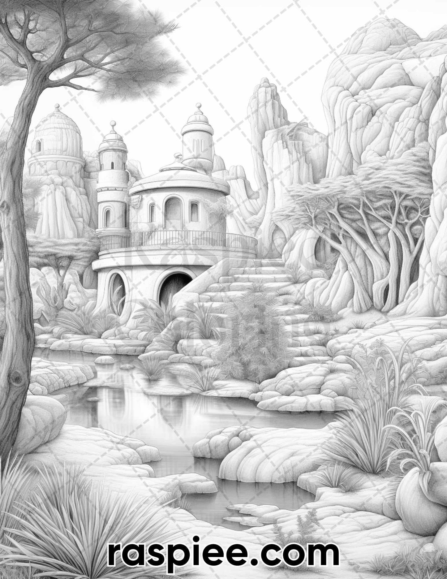 55 Desert Oasis Fairy Homes Grayscale Coloring Pages for Adults, Printable PDF Instant Download