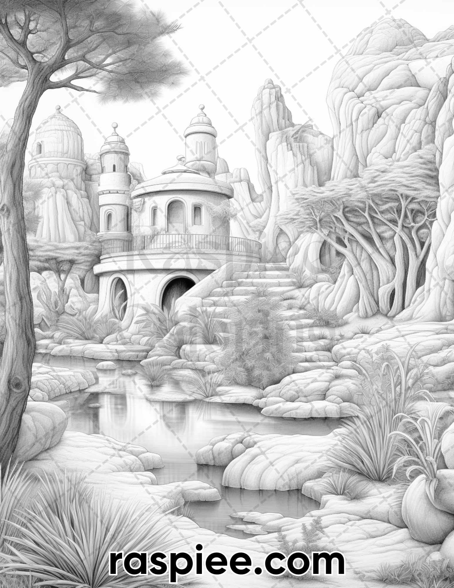 55 Desert Oasis Fairy Homes Grayscale Coloring Pages for Adults, Printable PDF Instant Download