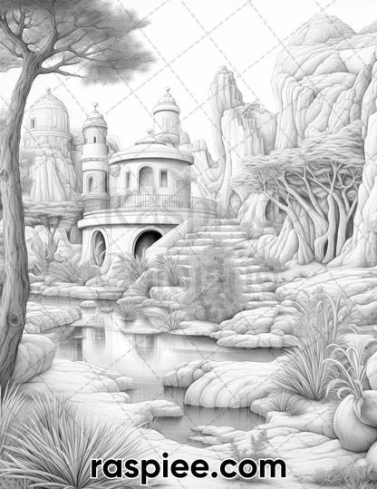 55 Desert Oasis Fairy Homes Grayscale Coloring Pages for Adults, Printable PDF Instant Download