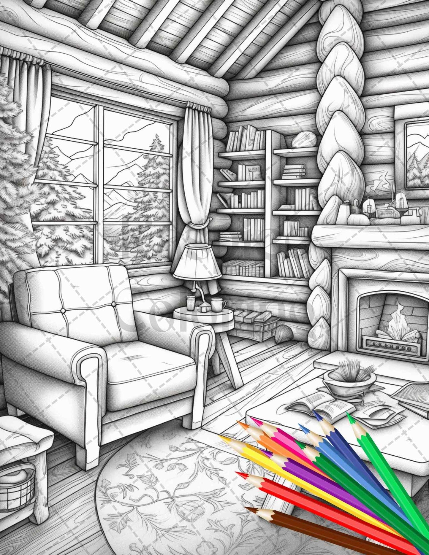 Cozy Cabin Interior Grayscale Coloring Pages Printable for Adults, PDF File Instant Download