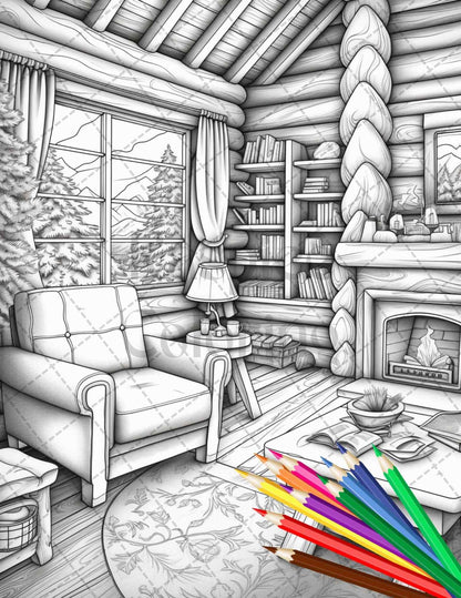 Cozy Cabin Interior Grayscale Coloring Pages Printable for Adults, PDF File Instant Download