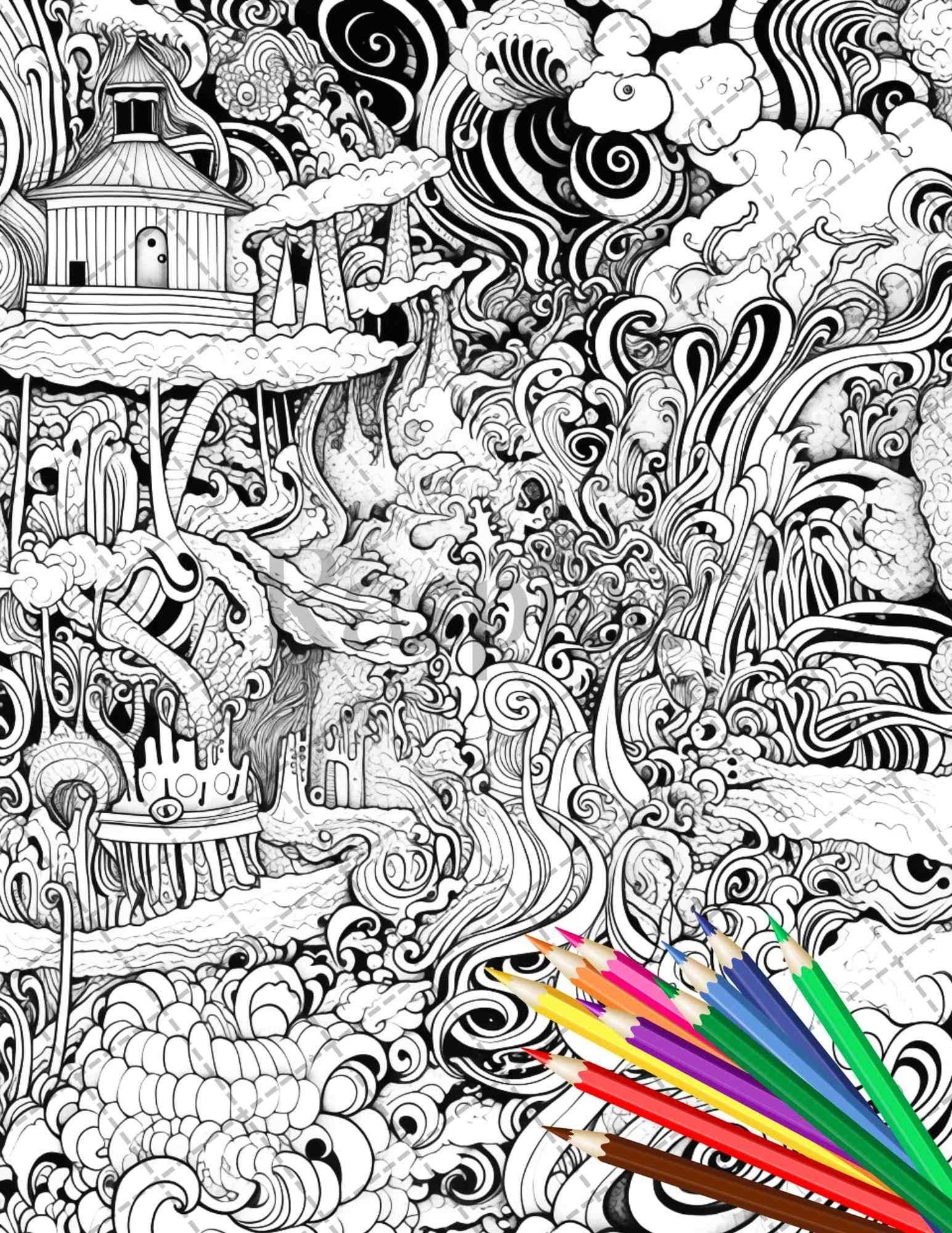 Psychedelic Trippy Coloring Book Printable for Adults, Grayscale Coloring Page, PDF File Instant Download