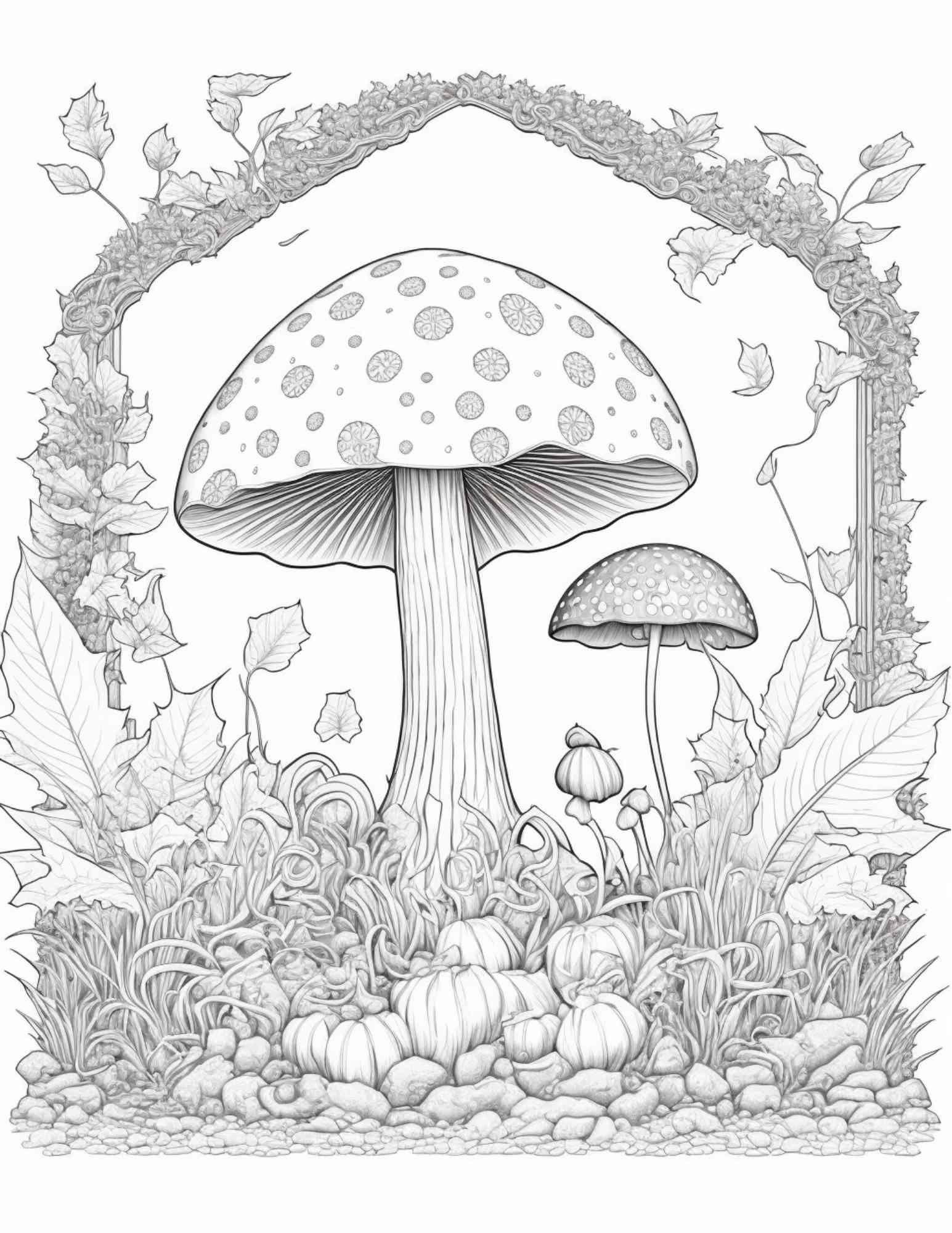 100 Mushroom Forest Coloring Pages Printable for Adults and Kids, Grayscale Coloring Book, Printable PDF File Instant Download