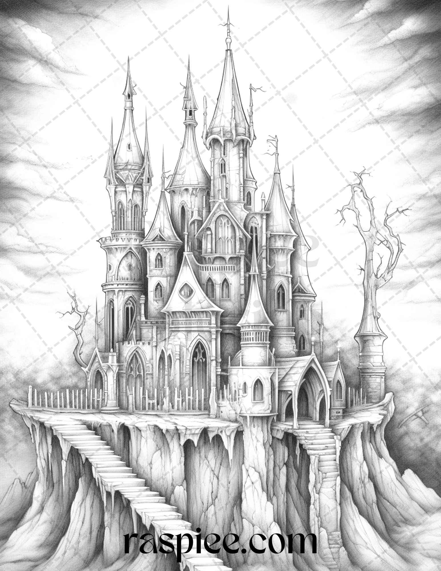 50 Haunted Castles Grayscale Coloring Pages Printable, Halloween Coloring Book, PDF File Instant Download