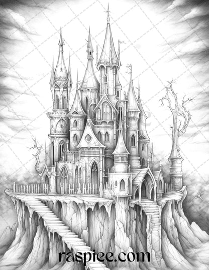 50 Haunted Castles Grayscale Coloring Pages Printable, Halloween Coloring Book, PDF File Instant Download