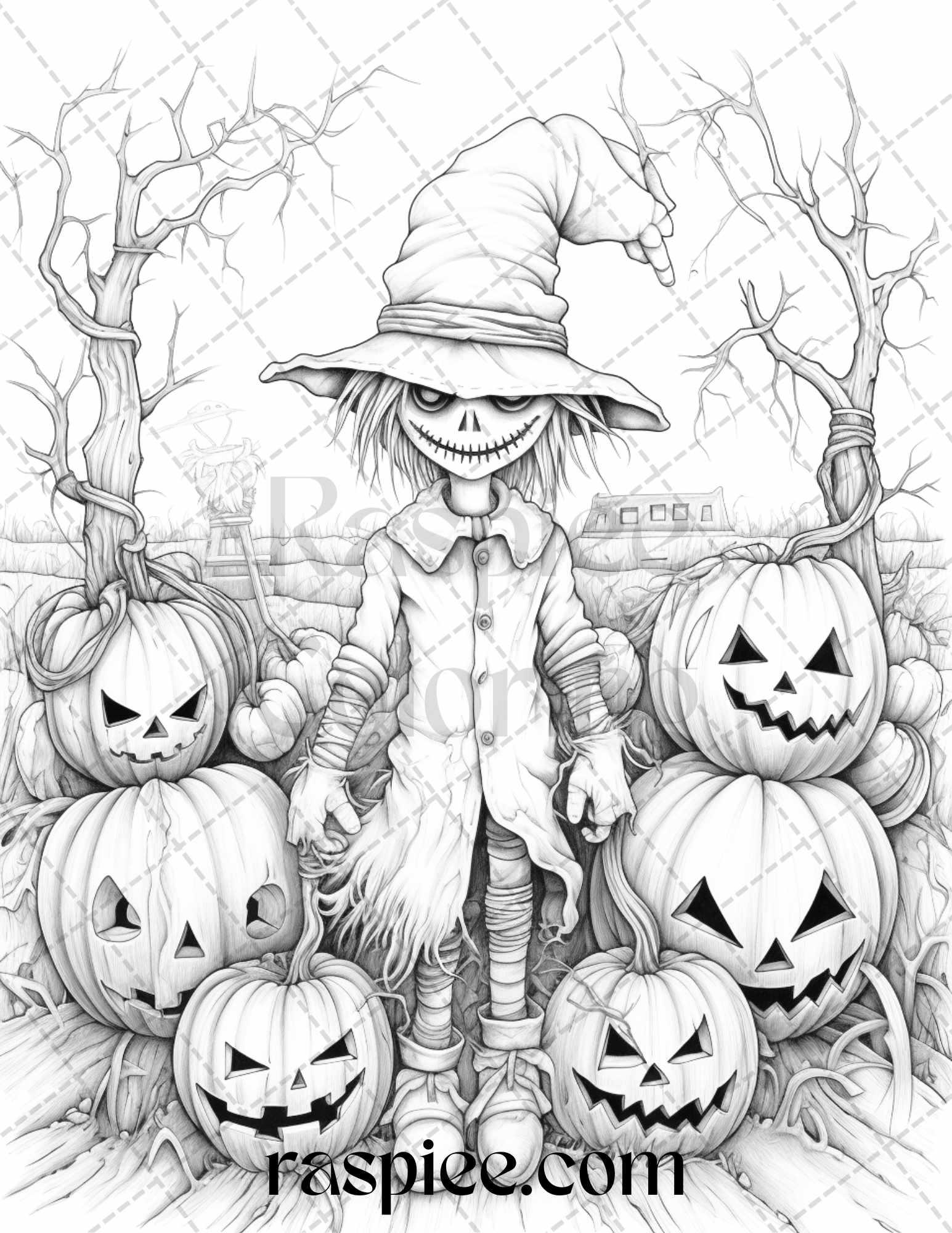 50 Halloween Scarecrows Grayscale Coloring Pages Printable for Adults, PDF File Instant Download