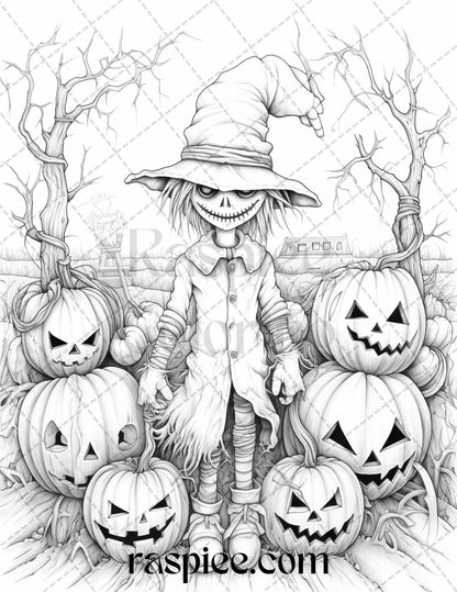 50 Halloween Scarecrows Grayscale Coloring Pages Printable for Adults, PDF File Instant Download