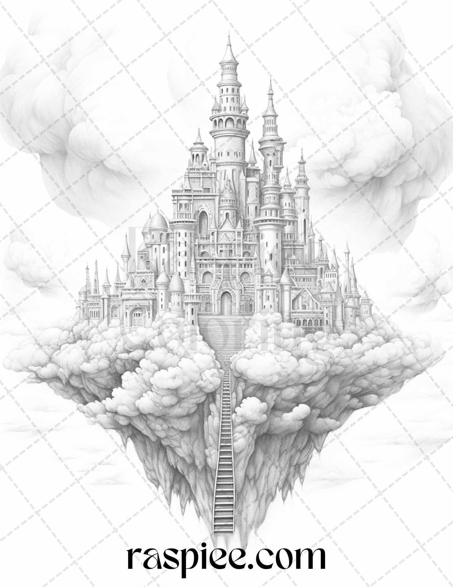 Floating Castle in the Sky Grayscale Coloring Pages for Adults, Printable PDF File Instant Download