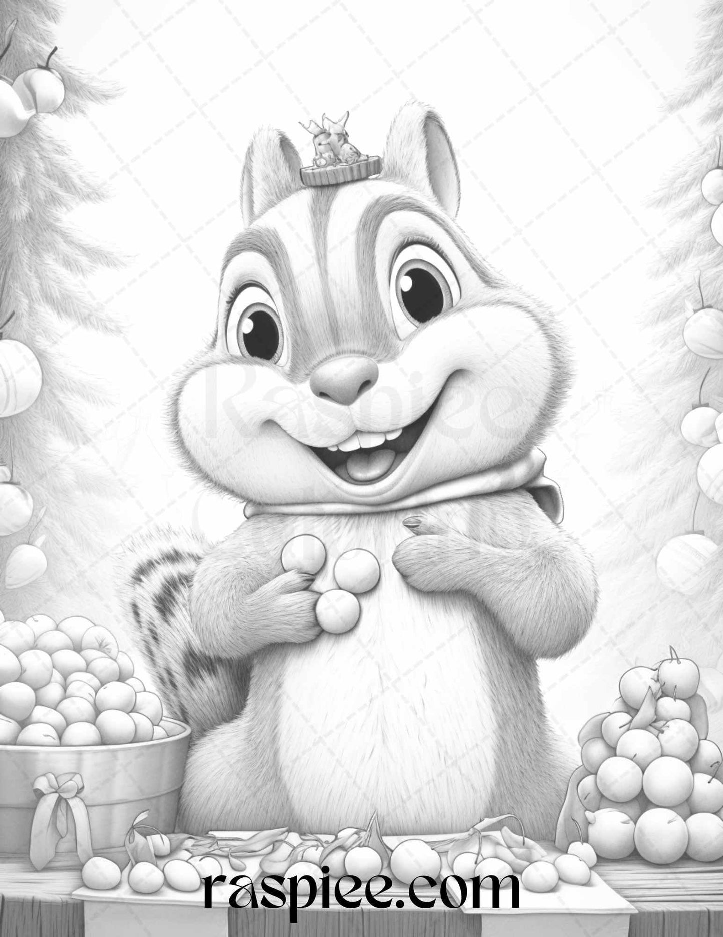 52 Adorable Squirrels Grayscale Coloring Pages Printable for Adults Kids, PDF File Instant Download