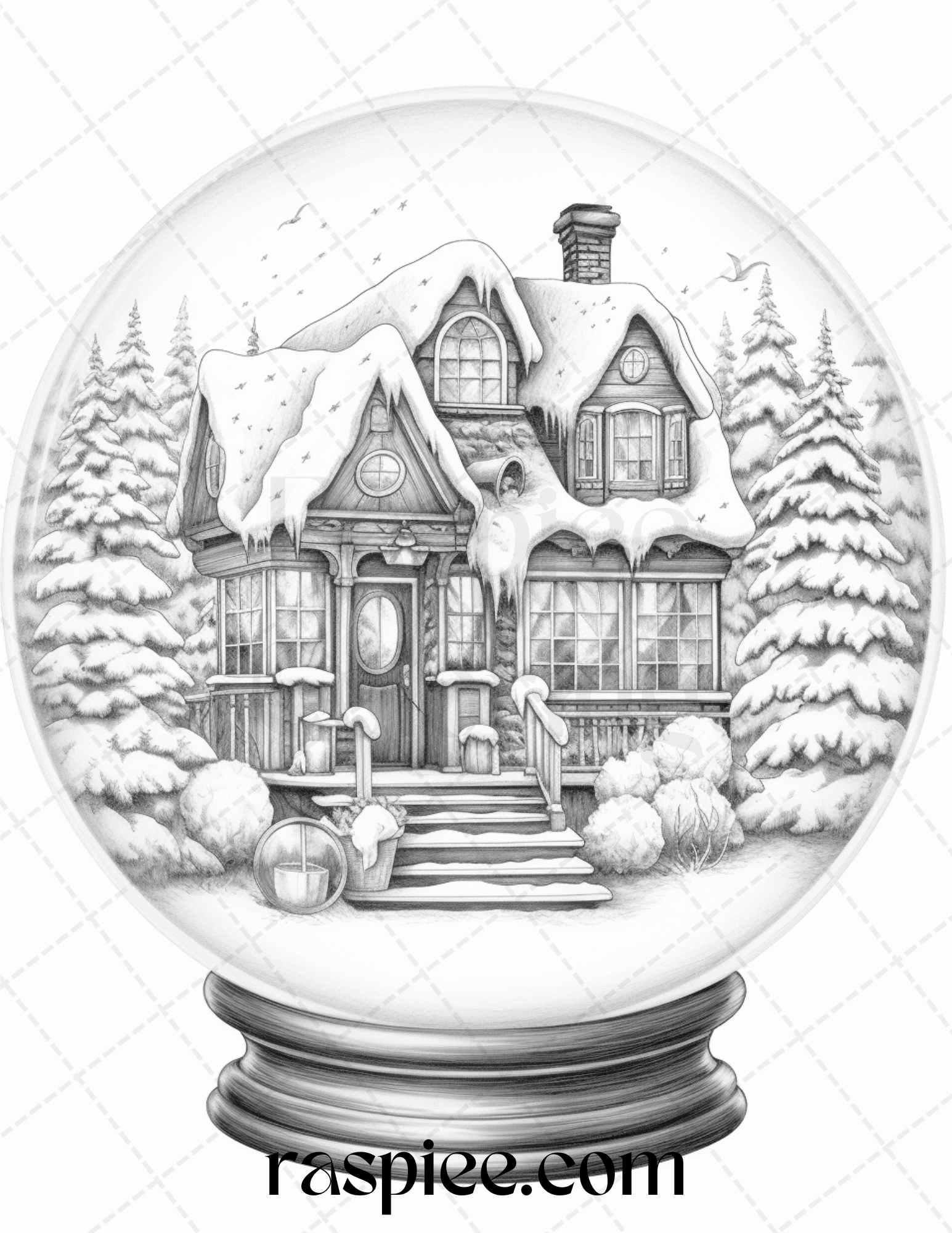 Cozy Cabin in Snow Globe Grayscale Coloring Pages Printable for Adults, PDF File Instant Download