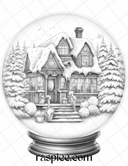 Cozy Cabin in Snow Globe Grayscale Coloring Pages Printable for Adults, PDF File Instant Download