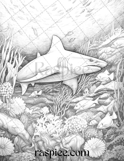 Ocean Life Grayscale Coloring Pages Printable for Adults Relaxation and Creativity, PDF File Instant Download