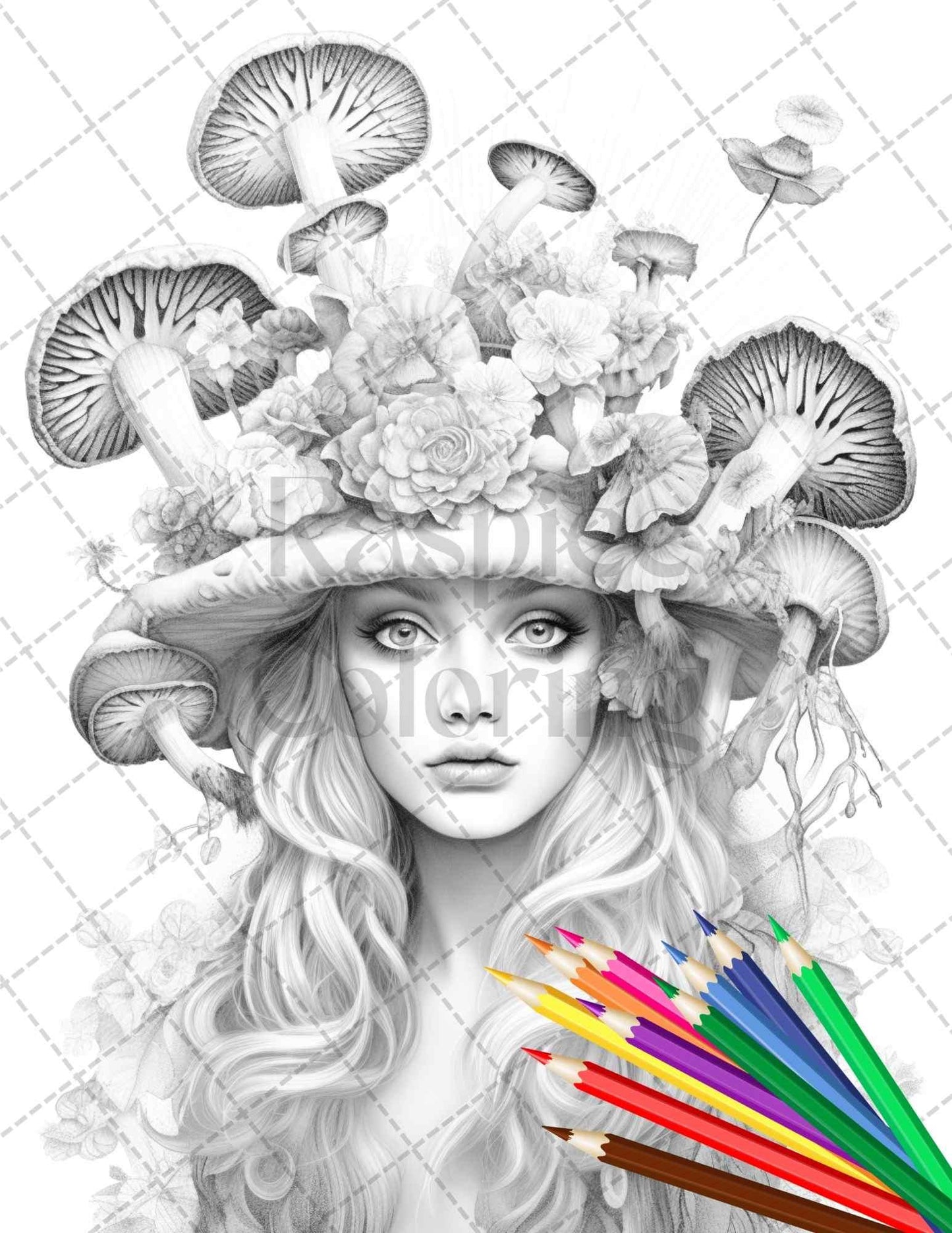 50 Mushroom Fairy Grayscale Coloring Pages Printable for Adults, PDF File Instant Download