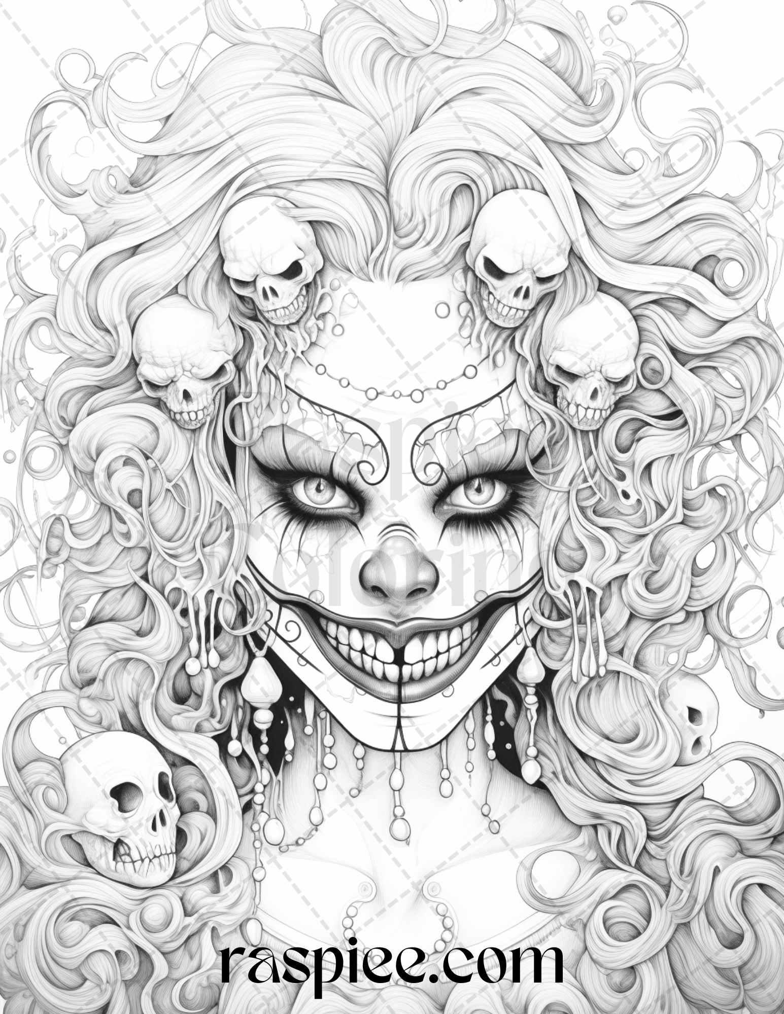 50 Scary Clown Girls Grayscale Coloring Pages Printable for Adults, PDF File Instant Download