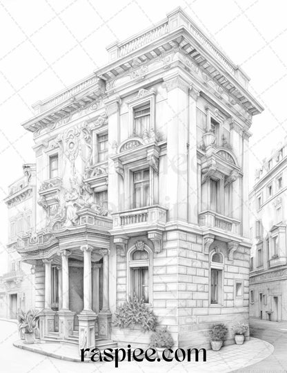 Roman Architecture Grayscale Coloring Pages Printable for Adults, PDF File Instant Download