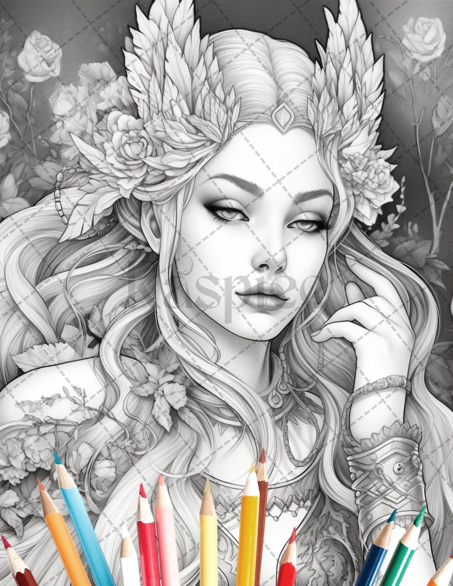 35 Beautiful Printable Elf Girls Coloring Book for Adults, Grayscale Coloring Page, PDF File Instant Download