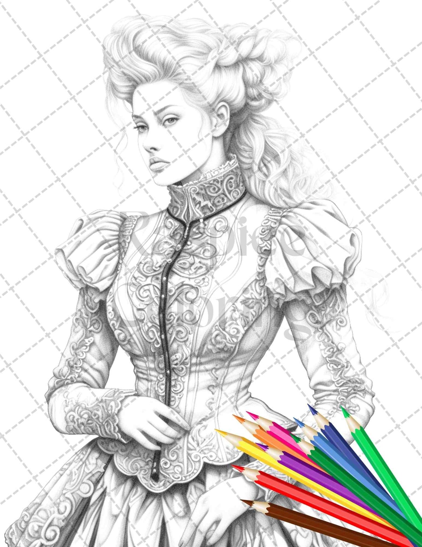 50 Victorian Fashion Grayscale Coloring Pages Printable for Adults, PDF File Instant Download