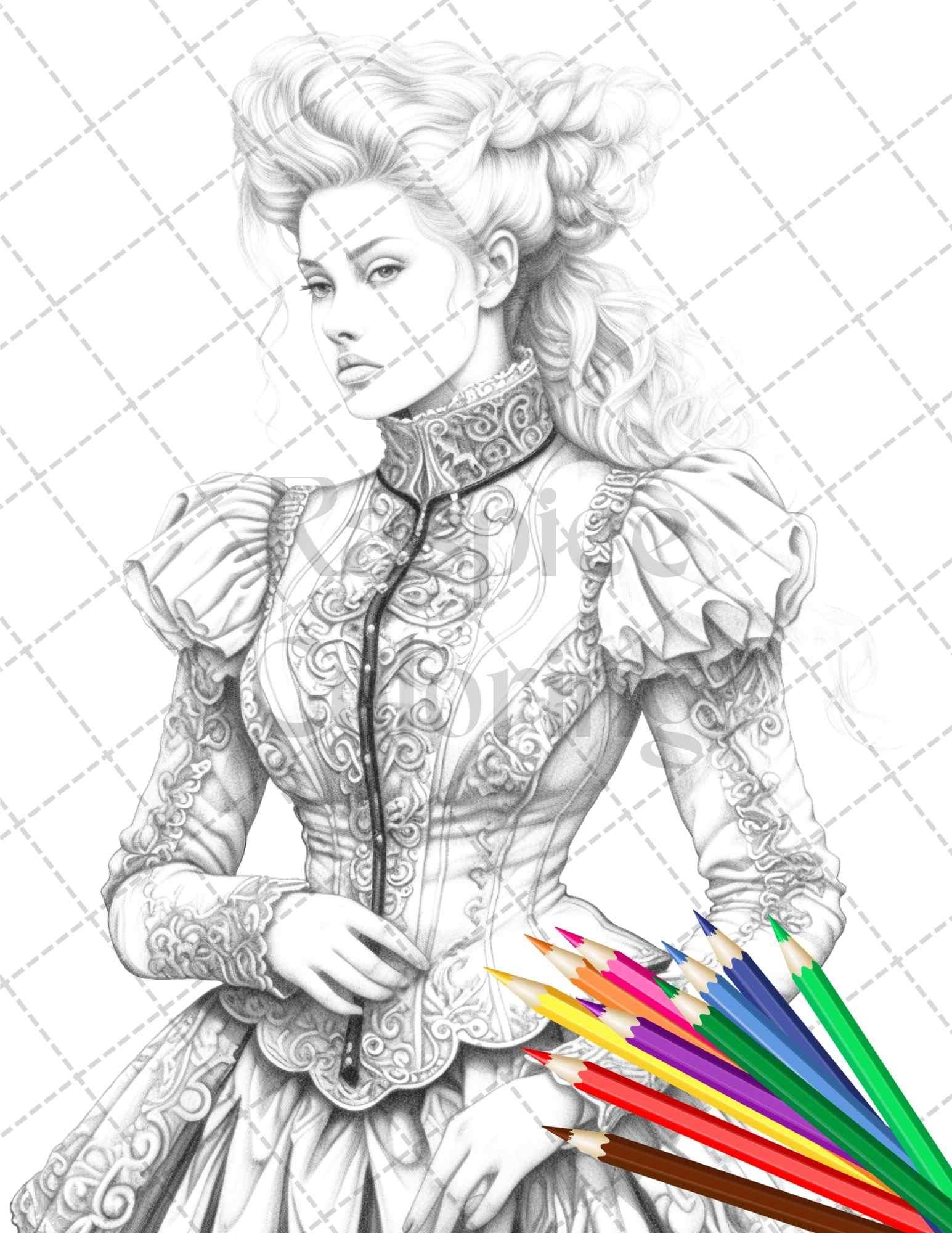 50 Victorian Fashion Grayscale Coloring Pages Printable for Adults, PDF File Instant Download