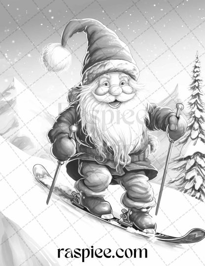 60 Christmas Gnomes Grayscale Coloring Pages Printable for Adults and Kids, PDF File Instant Download