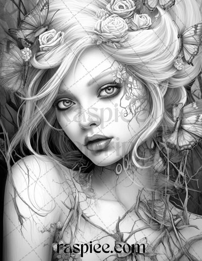60 Halloween Zombie Fairy Grayscale Coloring Pages Printable for Adults, PDF File Instant Download