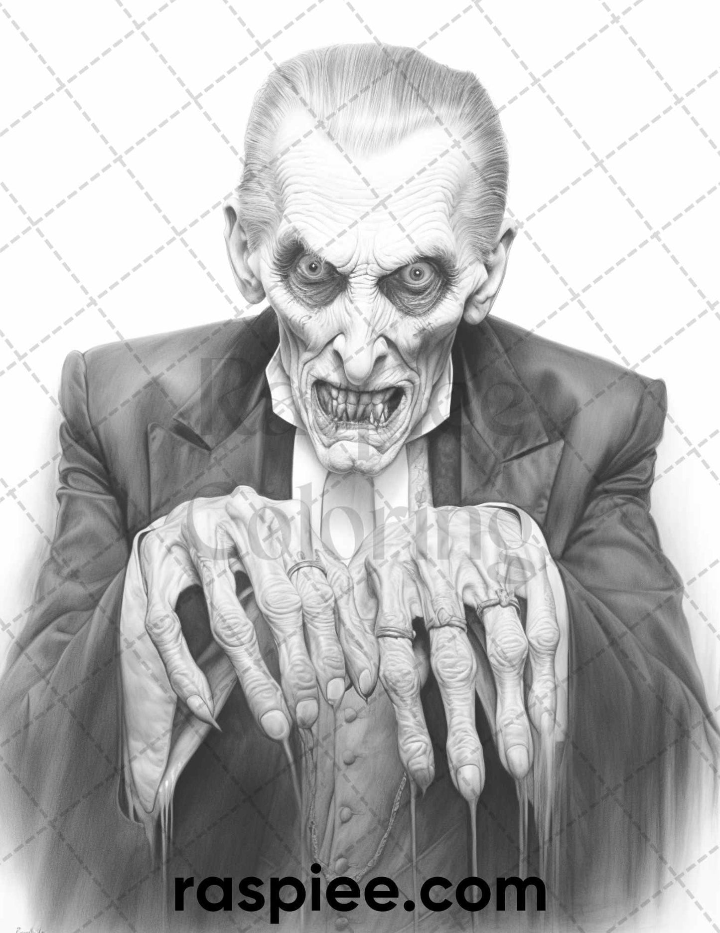 50 Count Dracula Grayscale Coloring Pages Printable for Adults, PDF File Instant Download