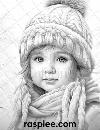 50 Baby Winter Portrait Grayscale Coloring Pages Printable for Adults, PDF File Instant Download
