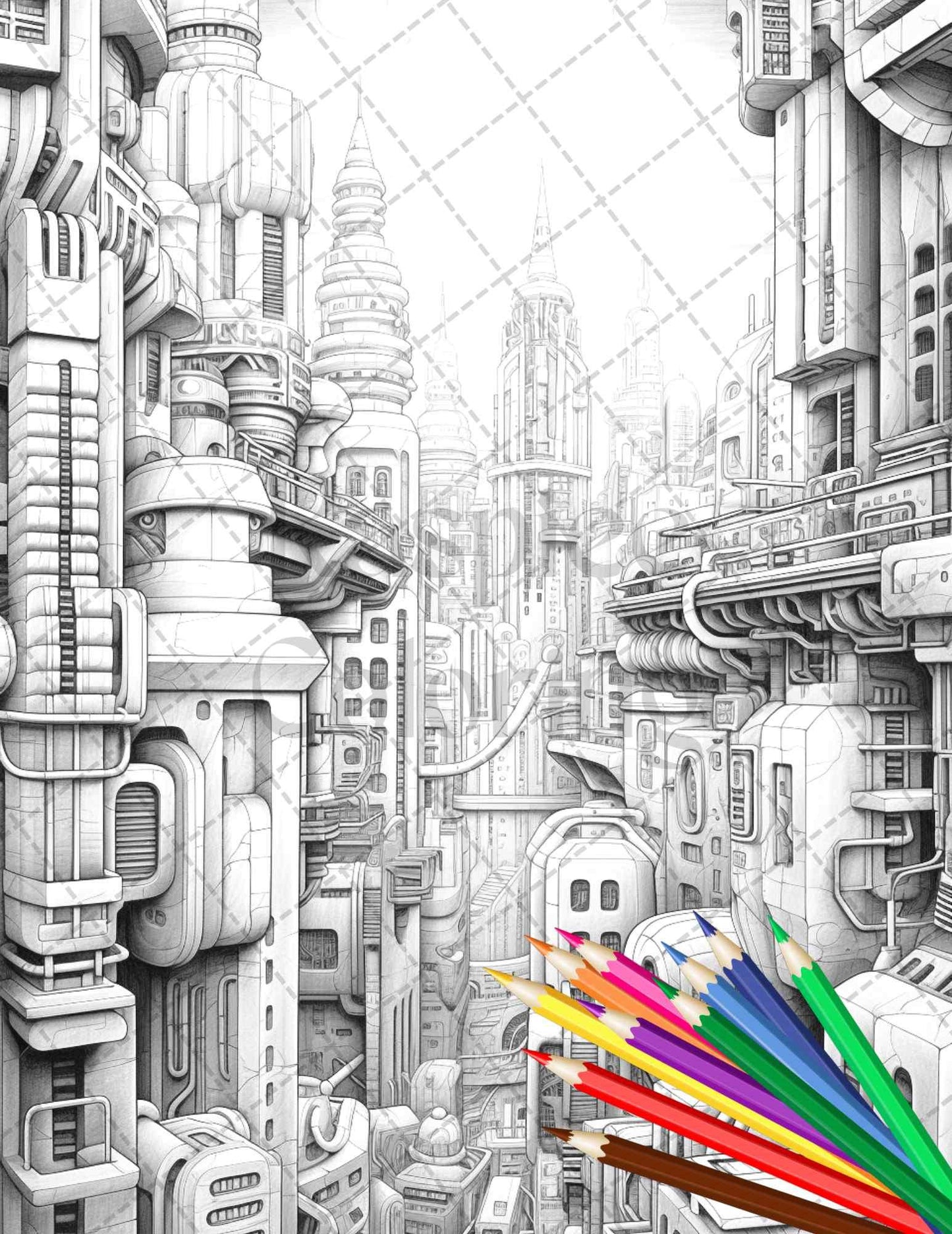 50 Futuristic Metropolis Grayscale Coloring Pages Printable for Adults, PDF File Instant Download