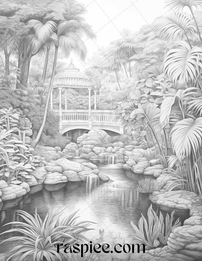 52 Tropical Oasis Grayscale Coloring Pages Printable for Adults, PDF File Instant Download