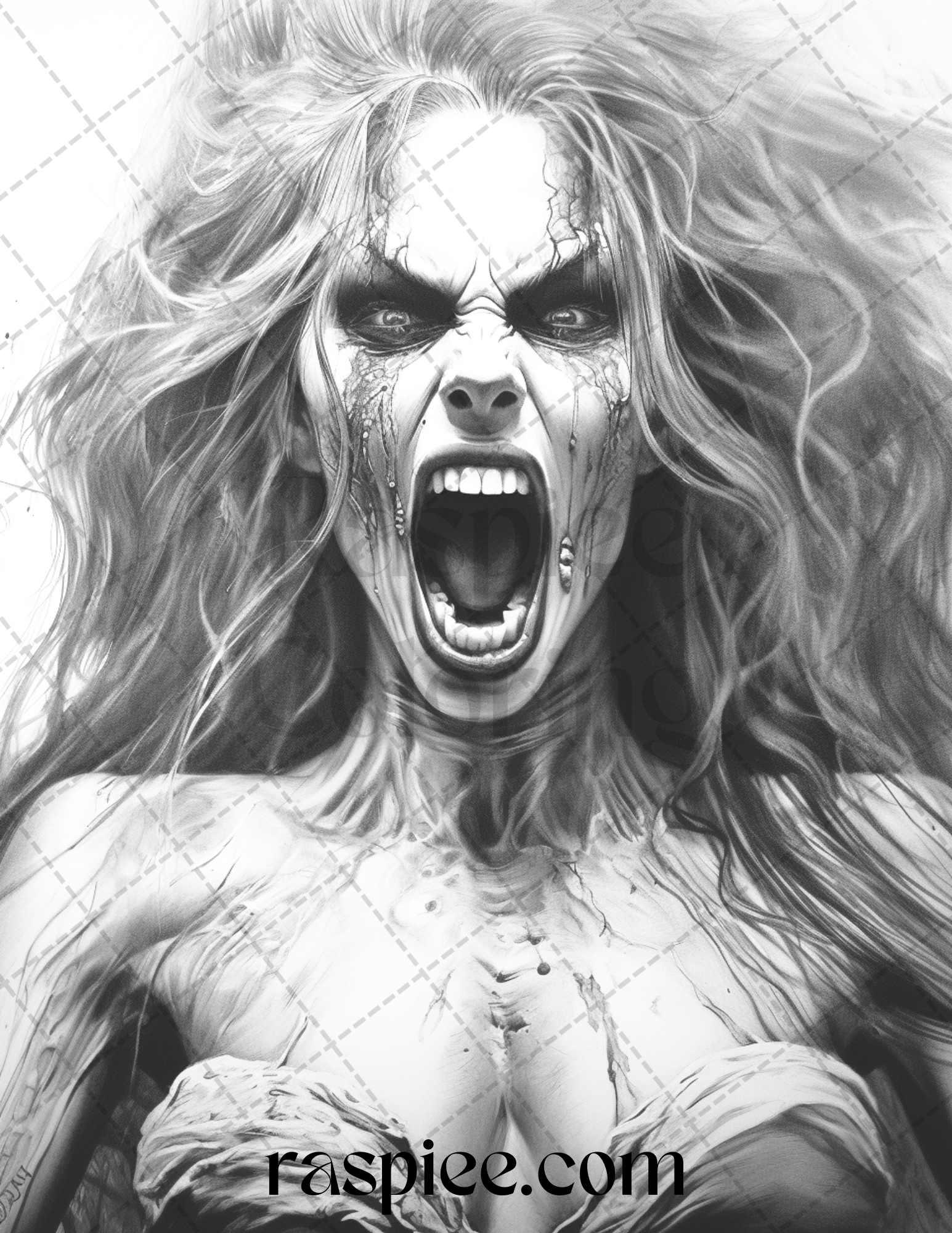 60 Halloween Vampire Grayscale Coloring Pages Printable for Adults, PDF File Instant Download