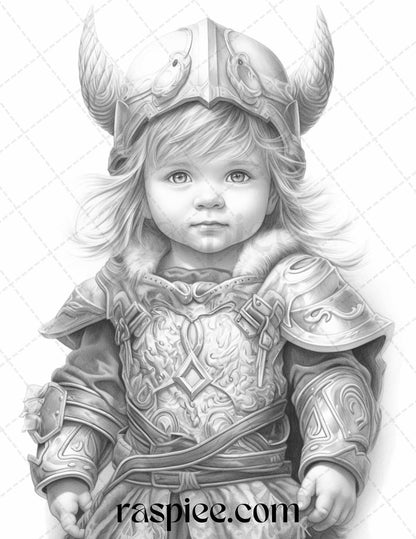 58 Little Viking Girls Boys Portrait Grayscale Coloring Pages Printable, PDF File Instant Download