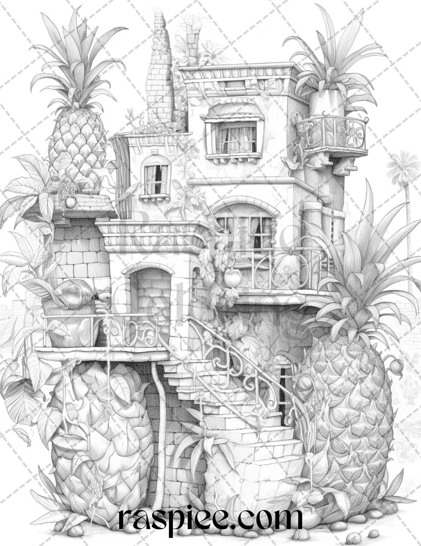 50 Pineapple Houses Grayscale Coloring Pages Printable for Adults, PDF File Instant Download