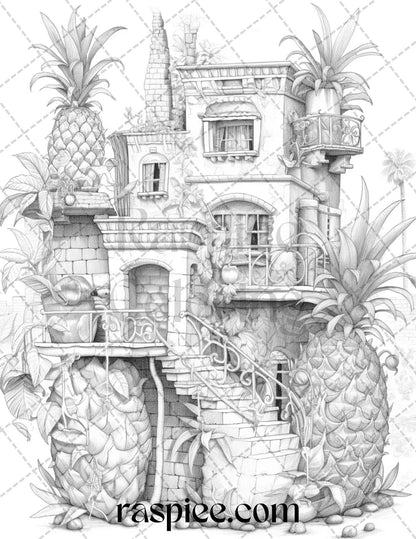 50 Pineapple Houses Grayscale Coloring Pages Printable for Adults, PDF File Instant Download
