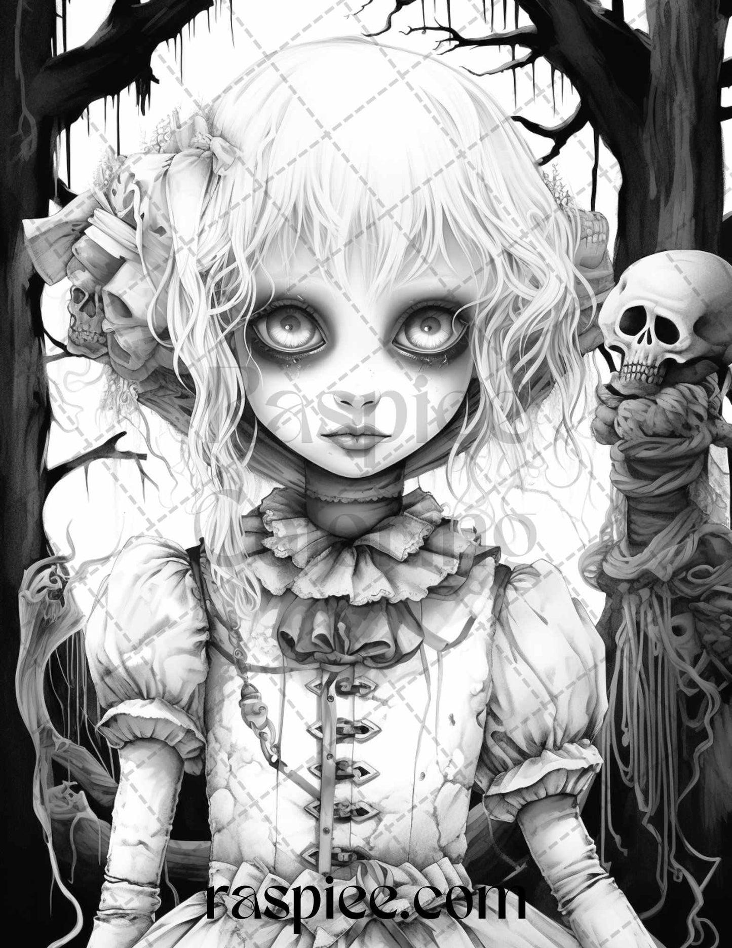 50 Scary Victorian Dolls Grayscale Coloring Pages Printable for Adults, PDF File Instant Download