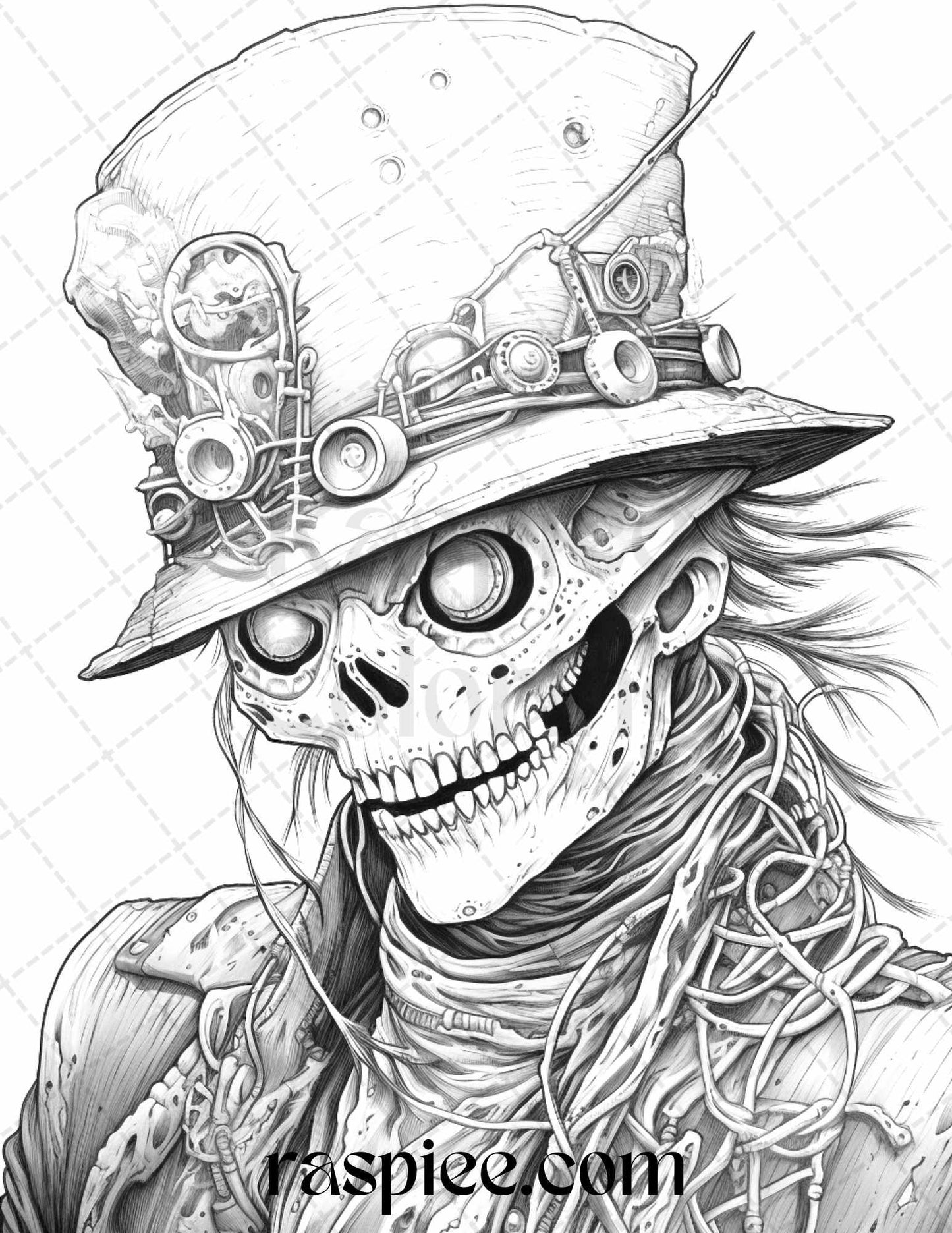 53 Scary Steampunk Scarecrows Grayscale Coloring Pages Printable for Adults, PDF File Instant Download