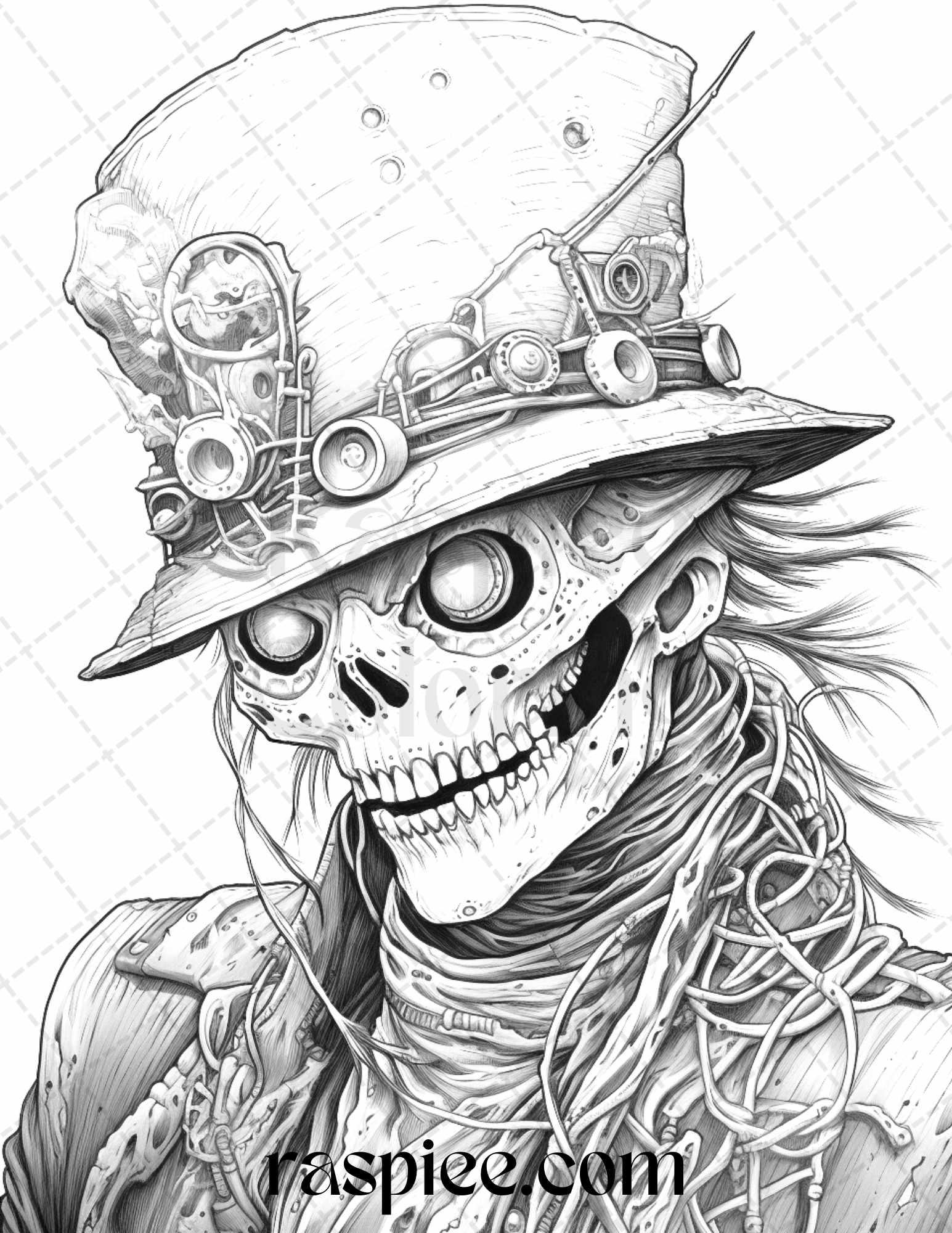53 Scary Steampunk Scarecrows Grayscale Coloring Pages Printable for Adults, PDF File Instant Download