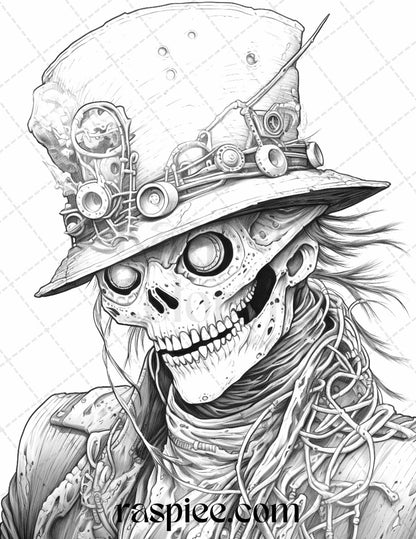 53 Scary Steampunk Scarecrows Grayscale Coloring Pages Printable for Adults, PDF File Instant Download