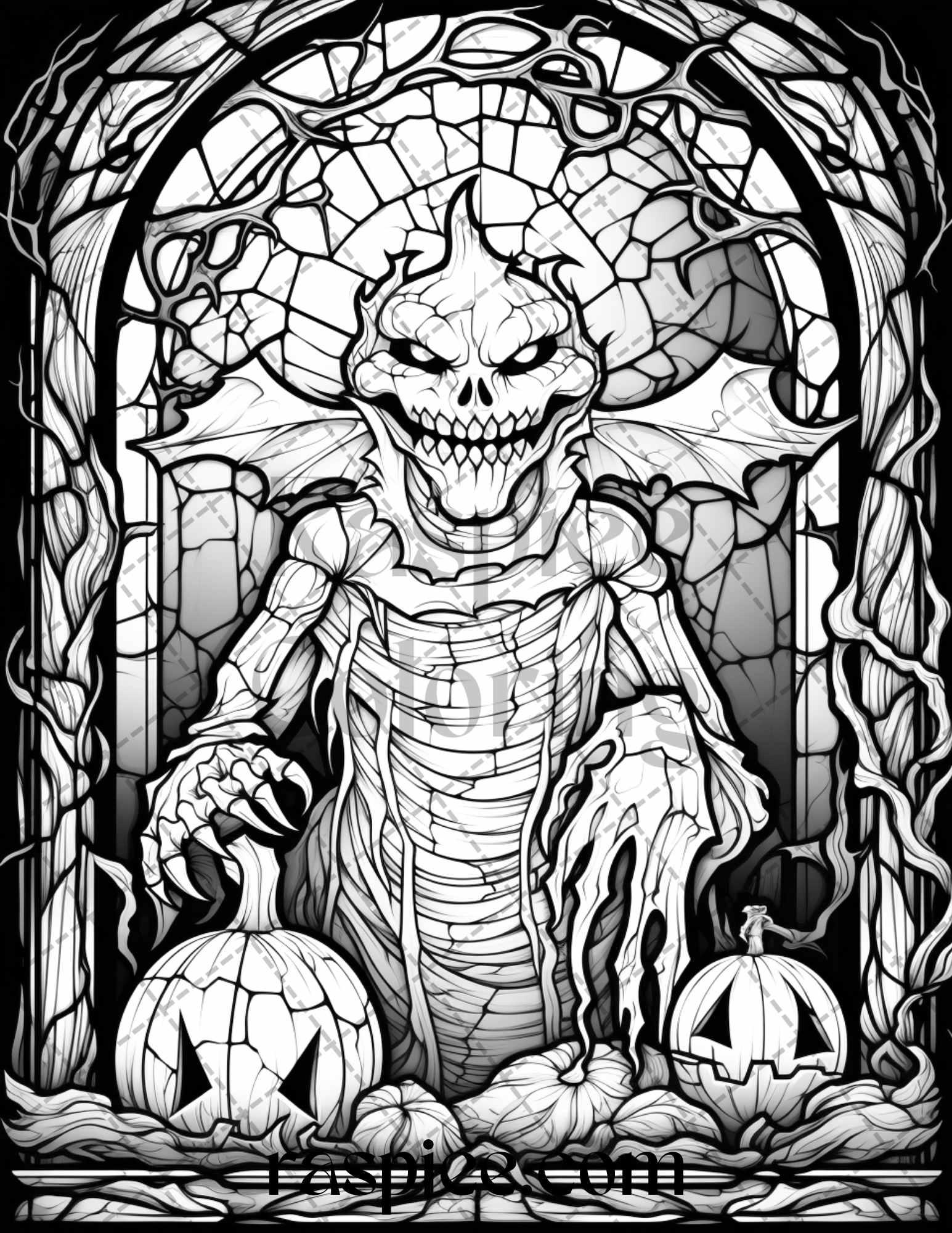 70 Halloween Stained Glass Grayscale Coloring Pages Printable for Adults, PDF File Instant Download