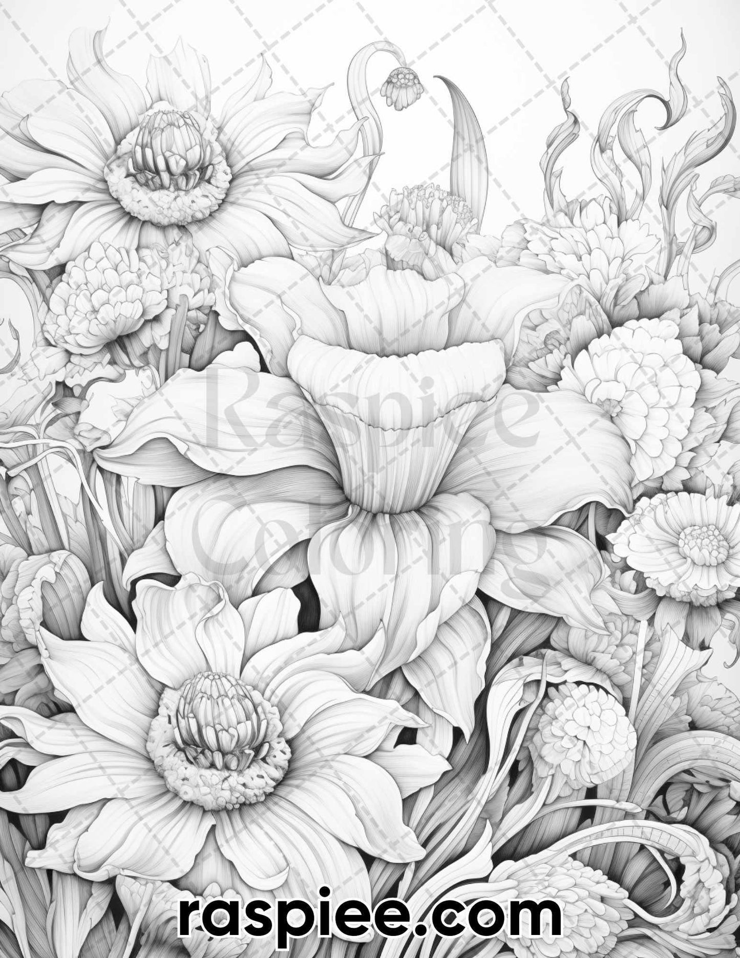 55 Fantasy Flowers Grayscale Coloring Pages for Adults, Printable PDF File Instant Download