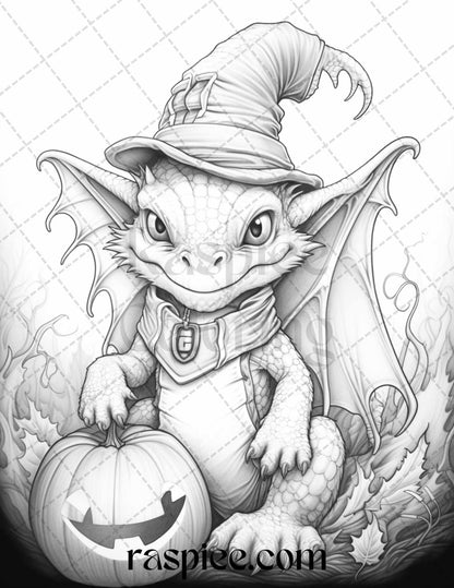 50 Cute Pumpkin Dragons Graycale Coloring Pages for Adults and Kids, Printable PDF File Instant Download