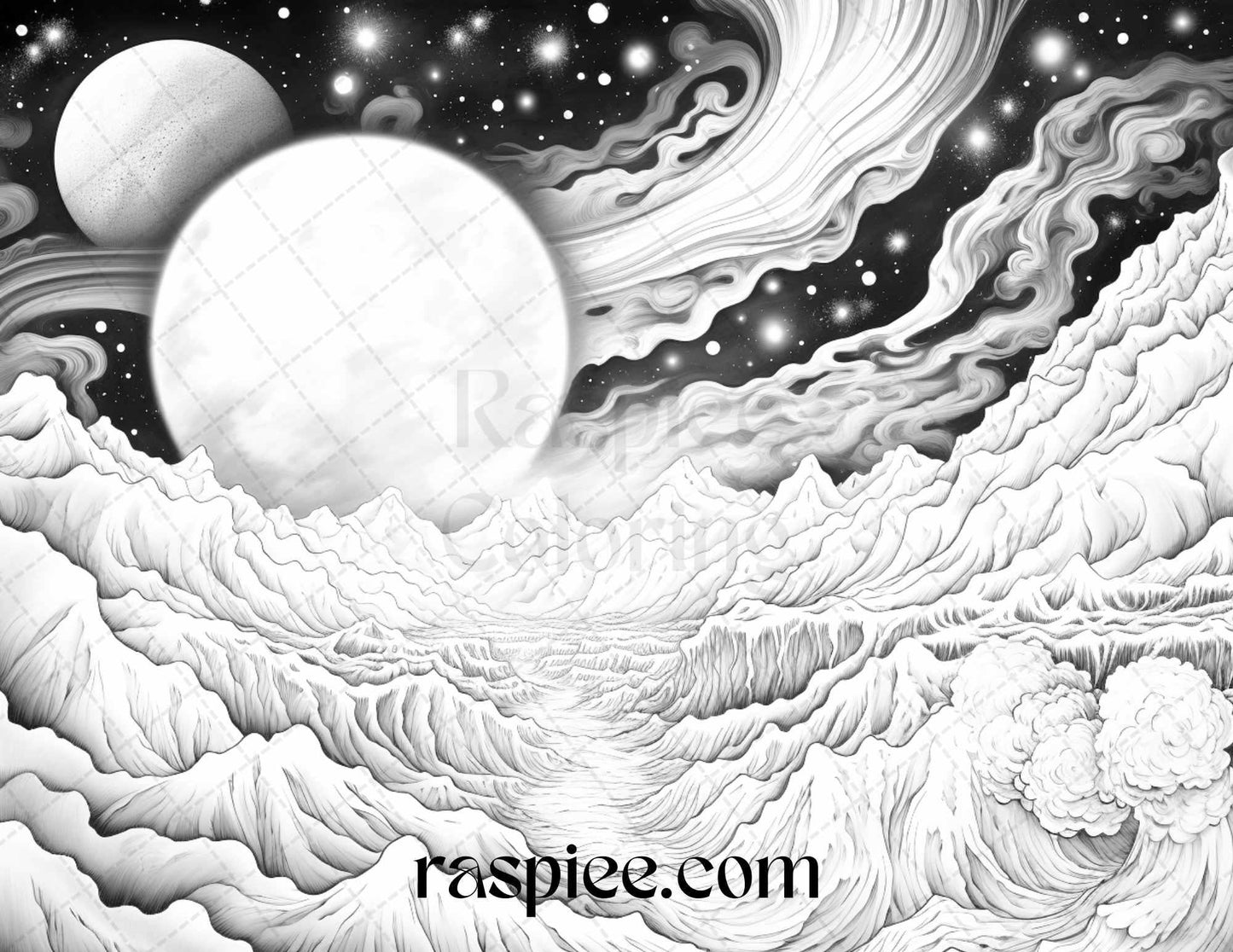 55 Celestial Landscapes Grayscale Coloring Pages Printable for Adults, PDF File Instant Download