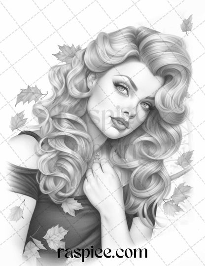 55 Autumn Pin Up Girls Grayscale Coloring Pages Printable for Adults, PDF File Instant Download