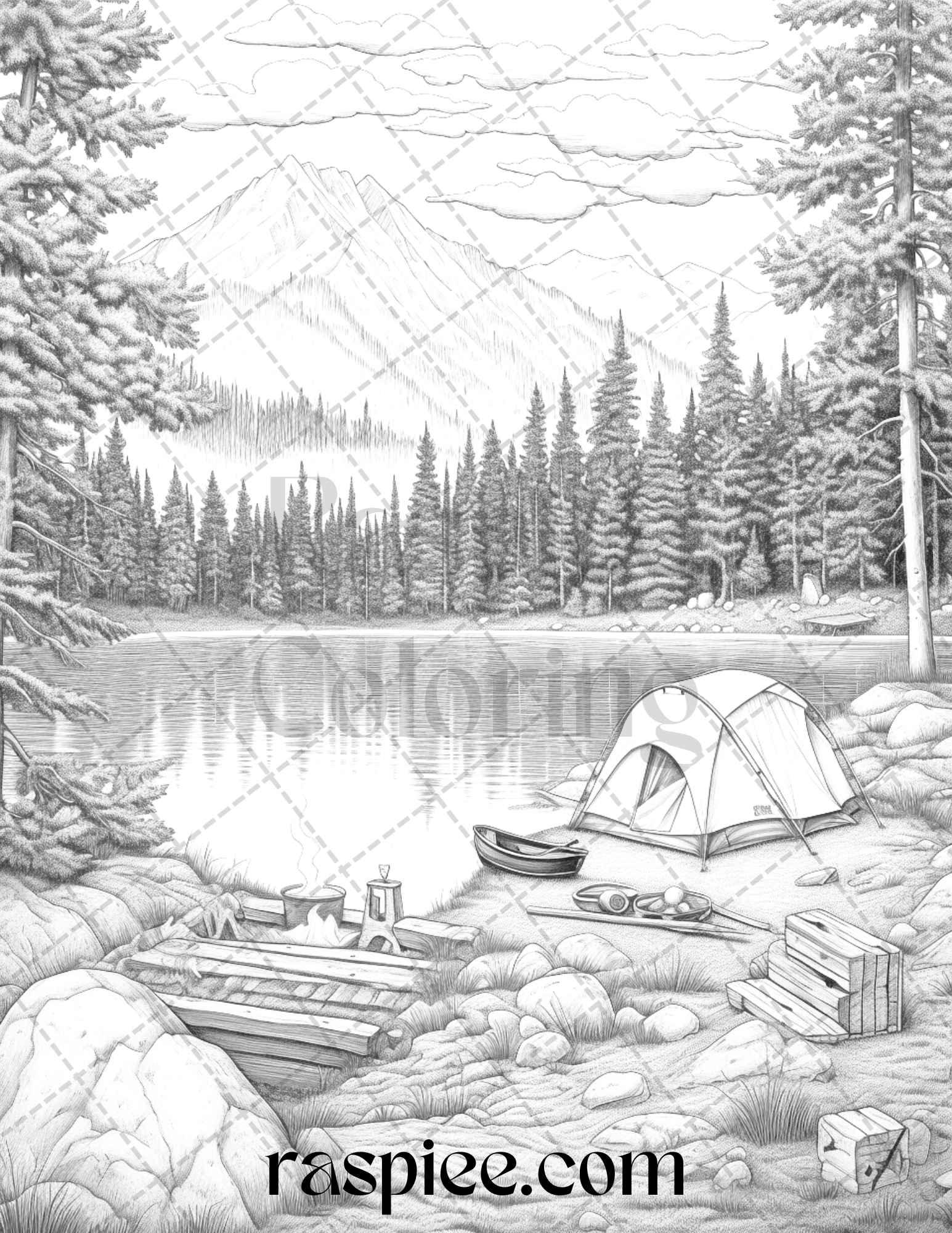 Nature Camping Grayscale Coloring Pages Printable, Relaxing Outdoor Scenes, PDF File Instant Download