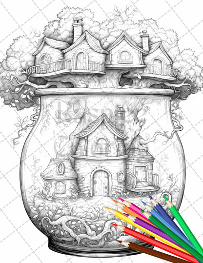 Fairy House in Jar Grayscale Coloring Pages Printable for Adults, PDF File Instant Download