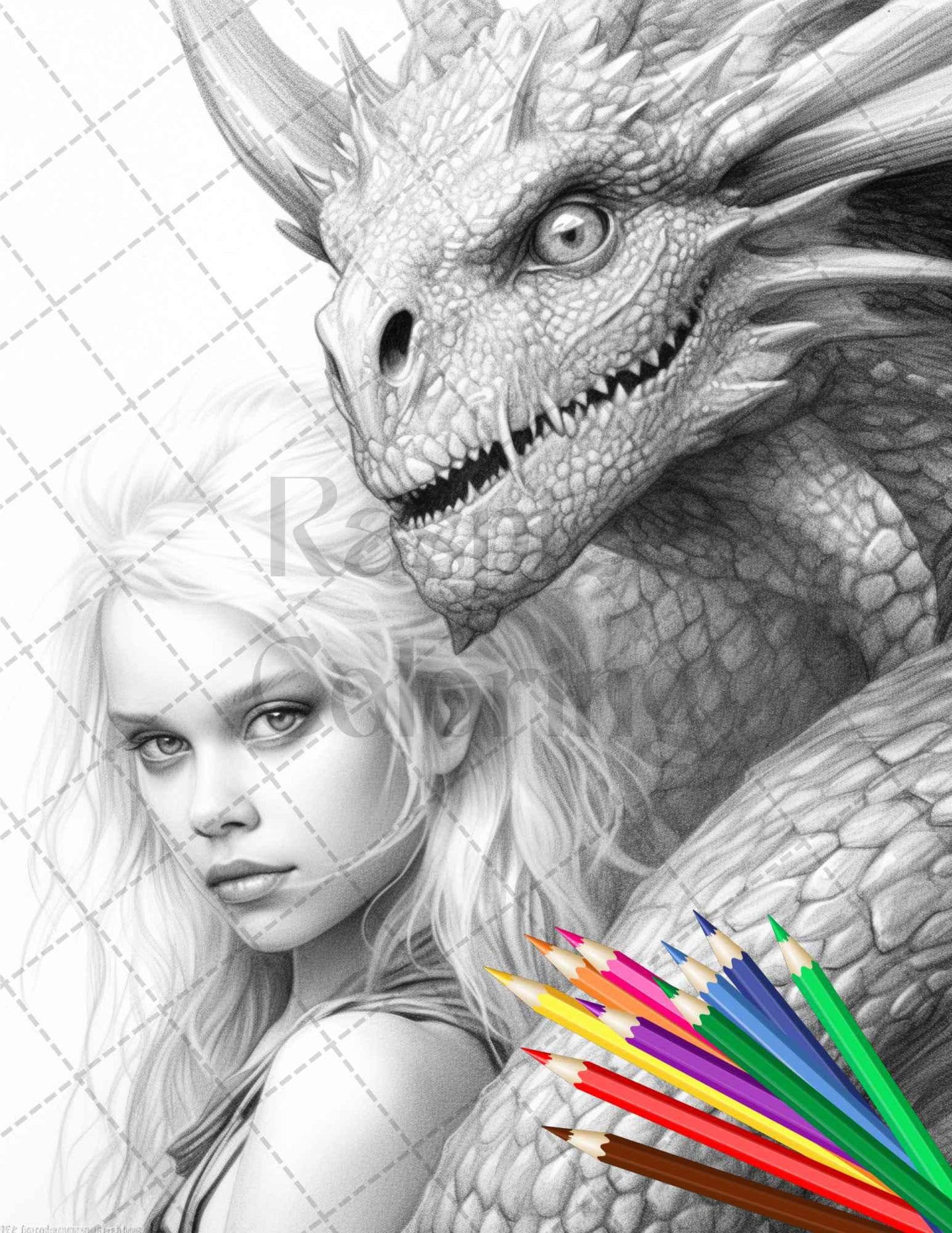 Enchanted Dragon Queens Grayscale Coloring Pages Printable for Adults, PDF File Instant Download