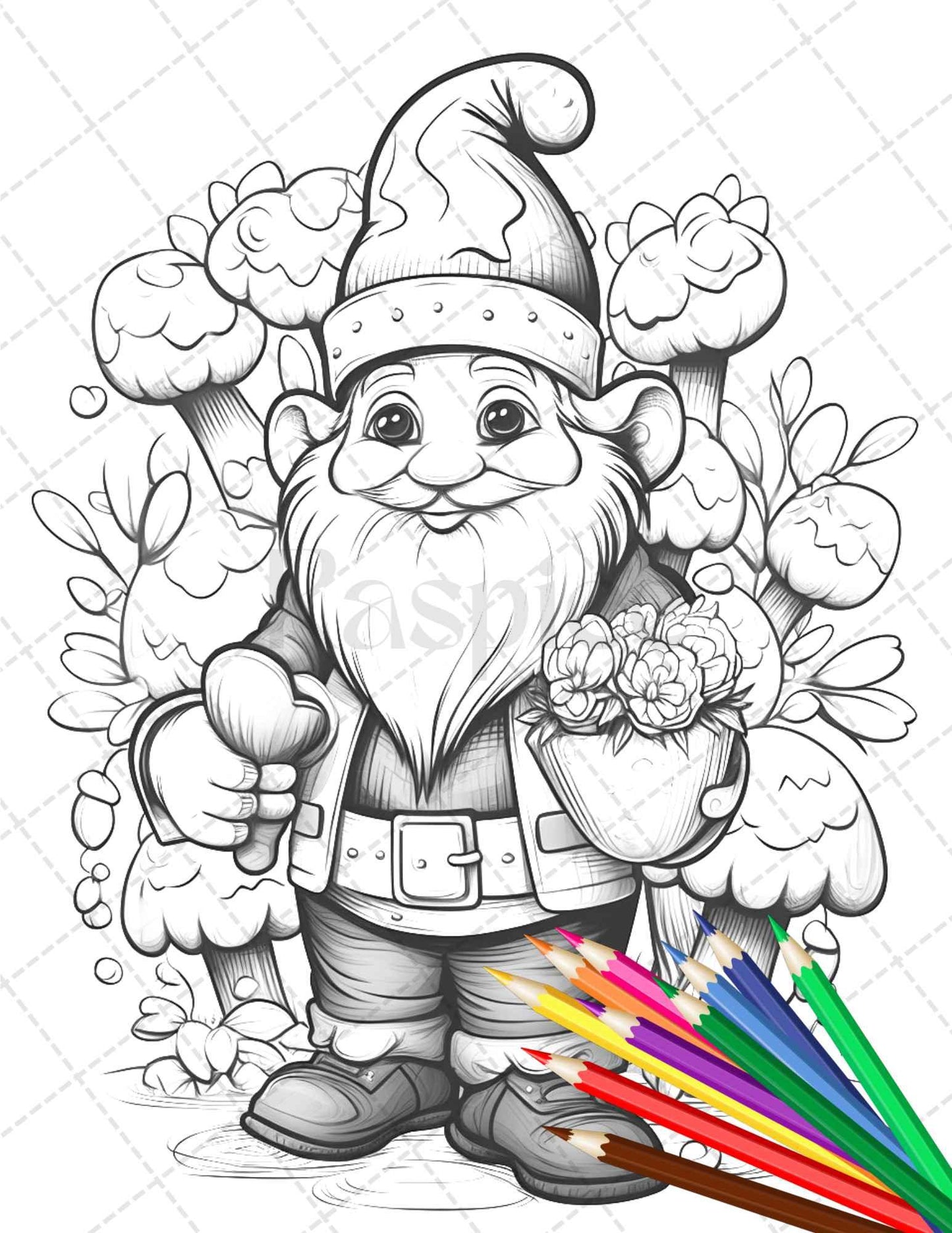 33 Gnome Love Coloring Pages Printable for Adults, Grayscale Coloring Page, PDF File Instant Download